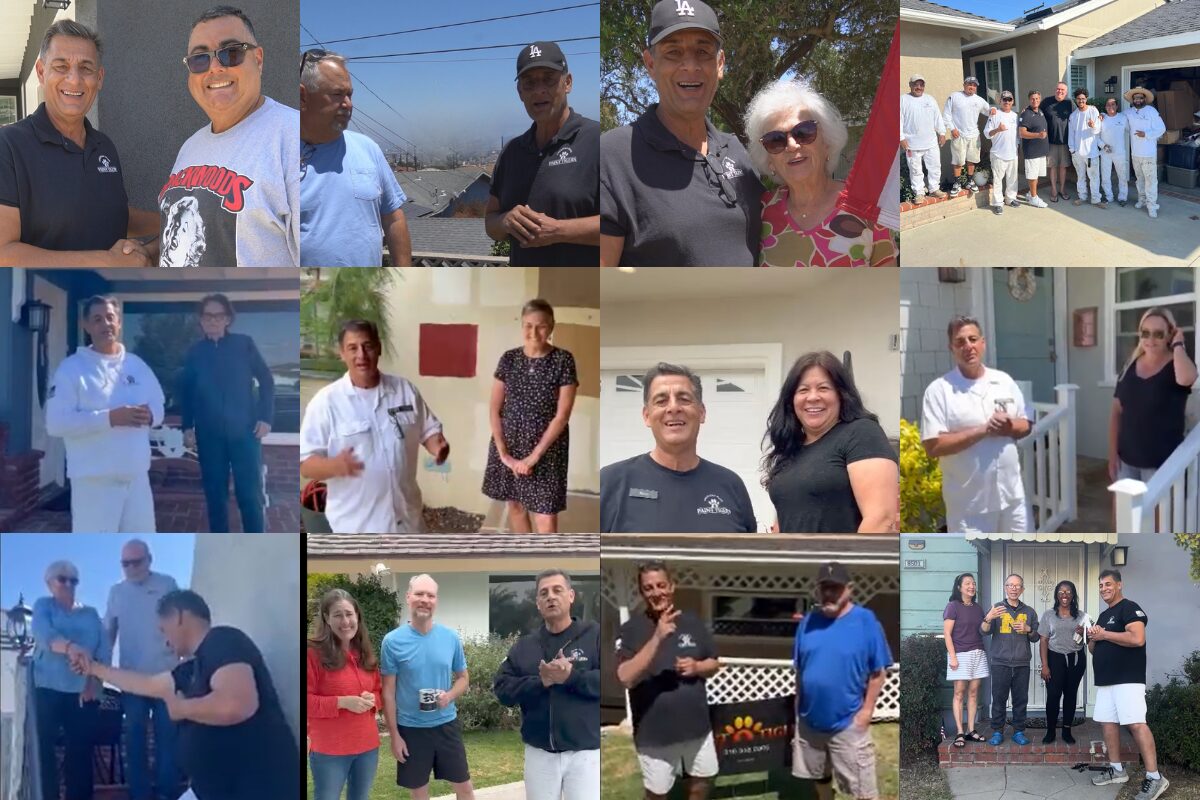 Paint Tigers crew members with homeowners after finished jobs